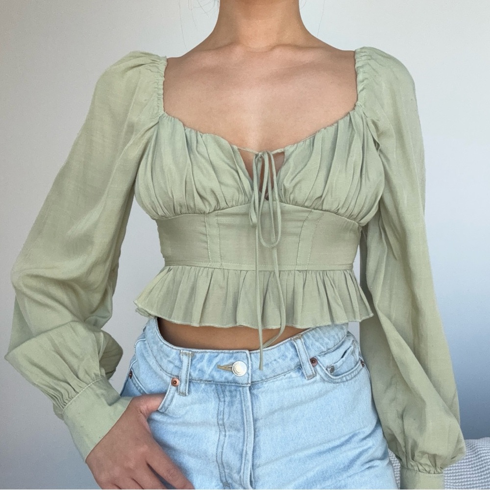 Petal & Pup Sage Green Peasant Crop Top